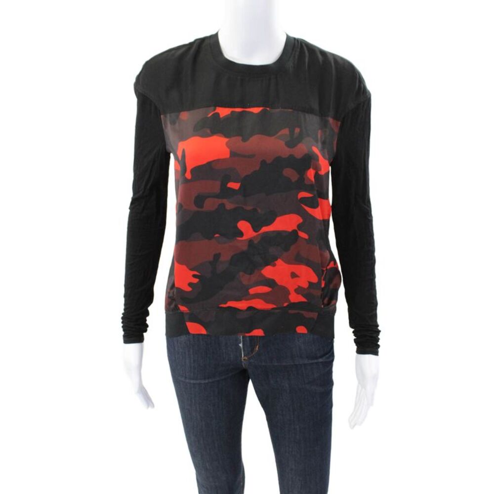 L.A.M.B. Womens Back Zip Long Sleeve Crew Neck Camouflage Top Black Red Size XS
